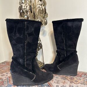 Coach JORDANA Black Suede & Shearling Monogram Wedge Heel Boots